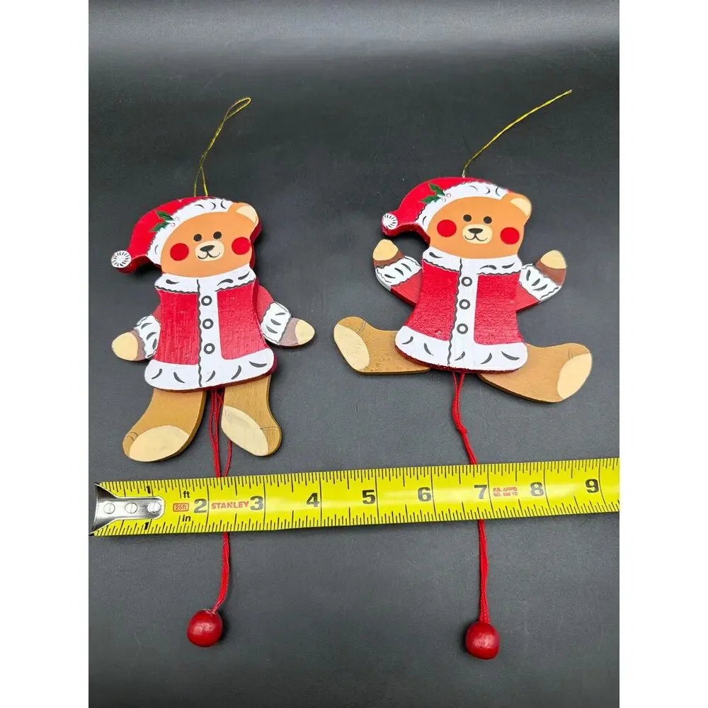 Vintage 1980s Jointed Wooden Teddy Bear Ornaments Set 2 Taiwan 5.5” Poseable